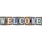 Rustic Wood Welcome Sign Cutout, Teal Wooden Tabletop Folding Decorative Word Sign, Freestanding Hinged Block Letters Home Decor