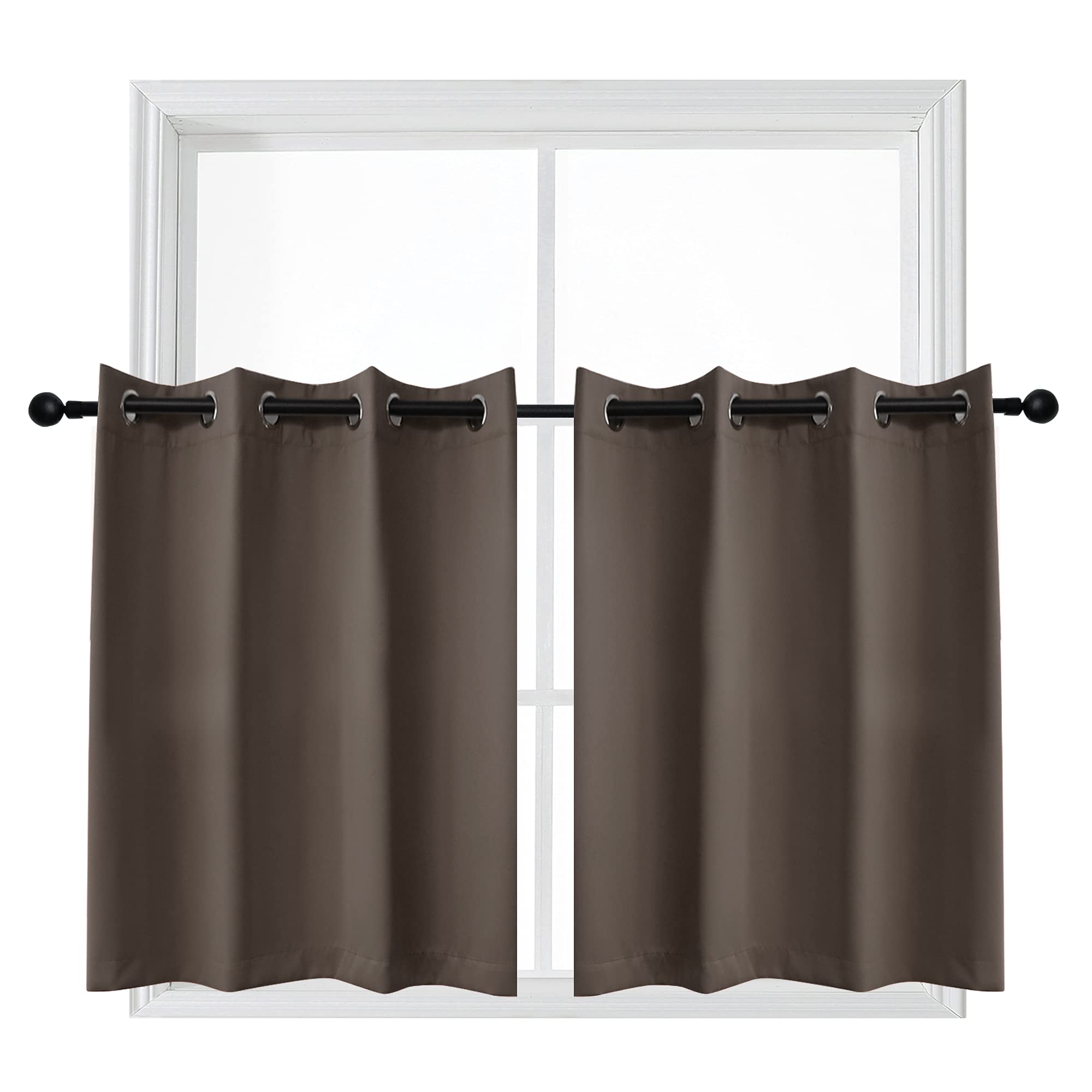 YGO Window Curtain Valances Kitchen Tiers Short Curtains Blackout Drapes Half Length Solid Panels Thermal Insulated Light Block for Bathroom Bedroom 52 W x 36 L, Coffee Set of 2