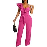 kaimimei Womens Casual Jumpsuits V-Neck Sleeveless Ruffle Backless Belted Wide Leg Pant Sexy Romper Party Clubwear Hot Pink#1 M