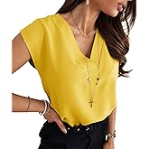 Lynwitkui Women's V Neck Chiffon Blouses Cap Sleeve Shirts Casual Loose Work Office Solid Tops