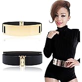 Bellady Women Mirror Gold Tone Plate Metal Waist Elastic Belt Obi Band