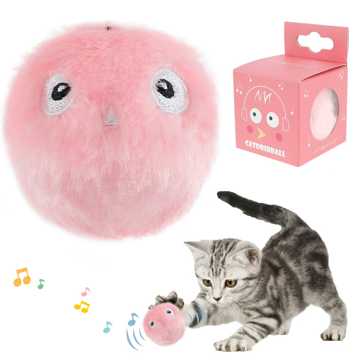 Jetcloud Fluffy Plush Cat Toy Balls, Interactive with Frog Cricket Bird Animal Chirping Sounds Refillable Catnip Toys for Cats Kitten Indoor Outdoor Playing Chewing Scratching(Pink, Birds Sound)