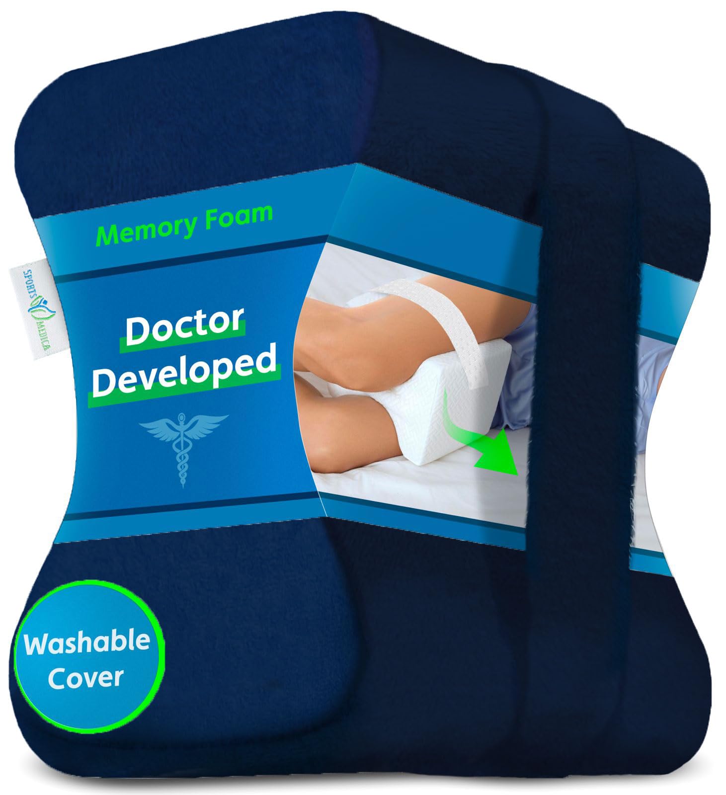 Sports Medica Knee Pillow - Washable Cover Memory Foam Leg Pillow for Sleeping on Side - Doctor Developed eHandbook - Sleeping on Back - Hip Support and Alignment, Pain Relief - Side Sleeper cushion