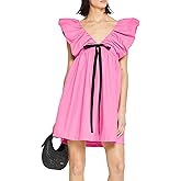 hibshaby Women's Floral Print Mini Dress V Neck Puff Sleeve Dress Short Babydoll Bow Dress