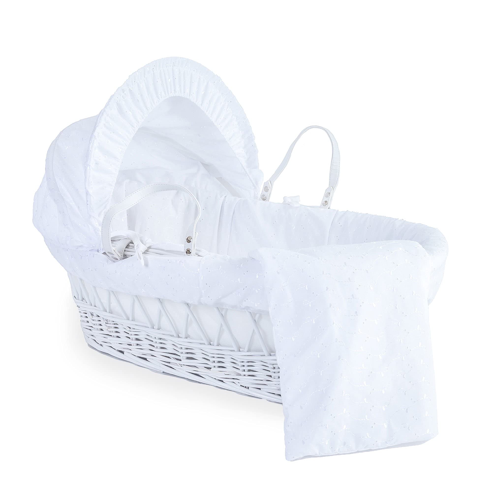 Clair de Lune Broderie Anglaise White Wicker Moses Basket