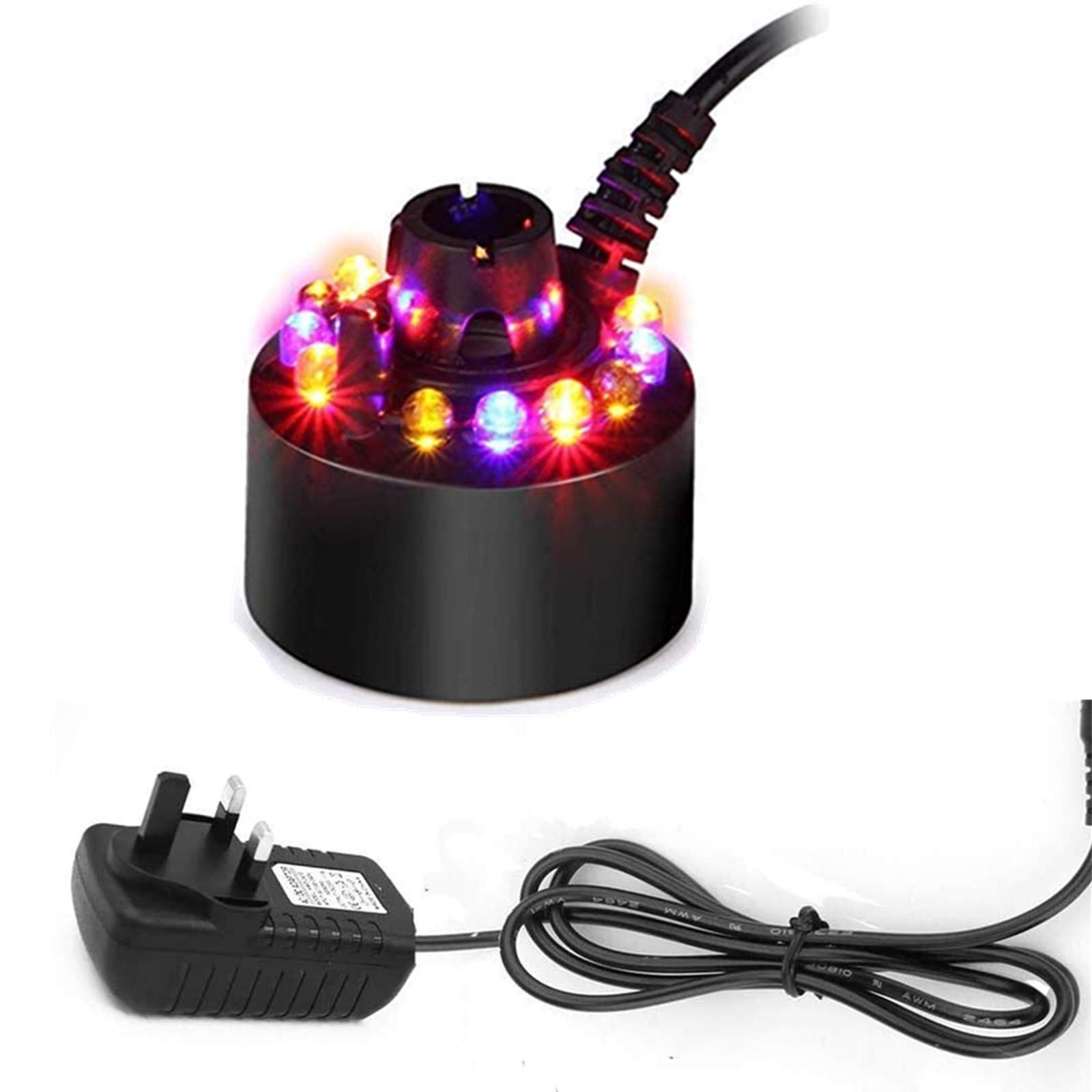 XUJAIOLQP Mini Mist Maker, 12 LED Mister Fogger Water Fountain Pond Fog Machine Atomizer Air Humidifier, Indoor Fountain Mister Foggers Perfect for Halloween, Christmas Decor