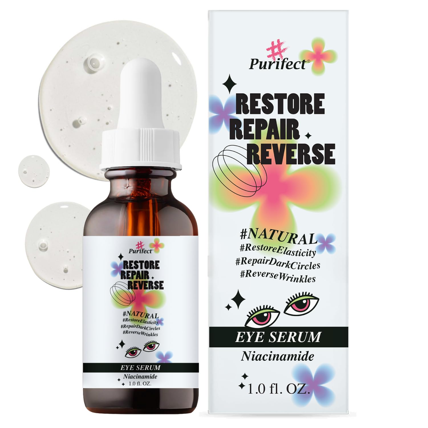 Purifect Restore Repair Reverse Niacinamide Eye Serum with Vitamin E Oil, Anti-Aging Niacinamide Serum Helps Restore Elasticity and Lighten Dark Circles 30ml