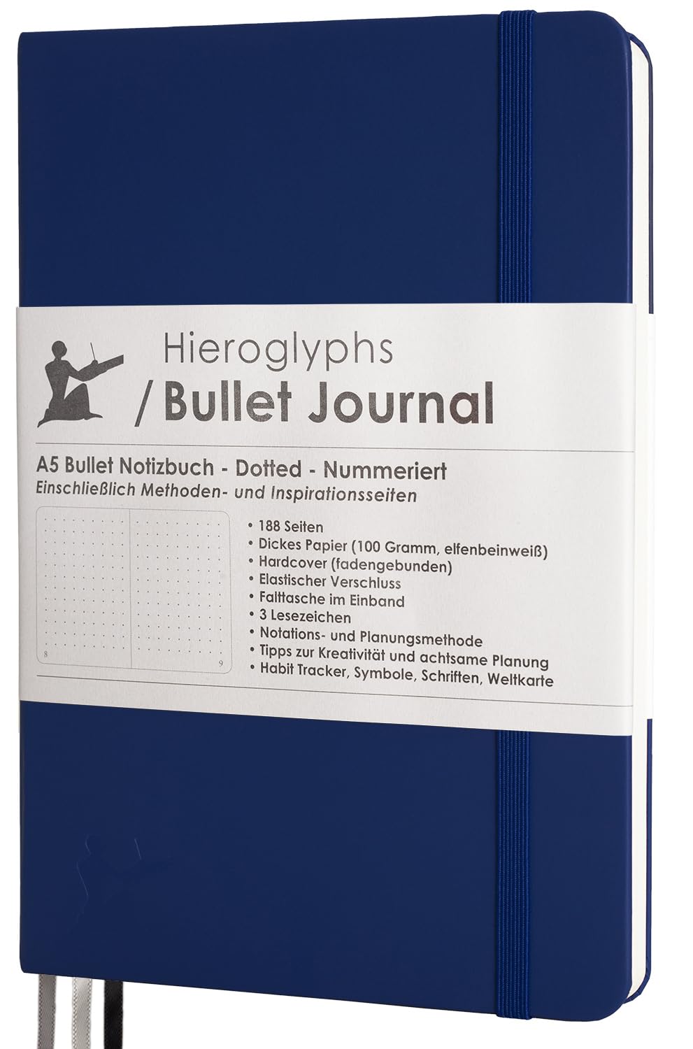 Hieroglyphs Bullet Journal - notebook dotted (A5) - with german instructions - hard cover with inner pocket, elastic closure band and 3 bookmarks (dark blue)