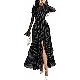 GothDark Womens Elegant Polka Dot Mesh Long Sleeve Dress Bell Sleeve Layered Ruffle Split Formal Wedding Guest Dresses