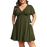 Manllenshie Womens Plus Size Summer Dress Casual Short Sleeves Deep V Neck Twist Knot Front Flowy Dress with Pockets