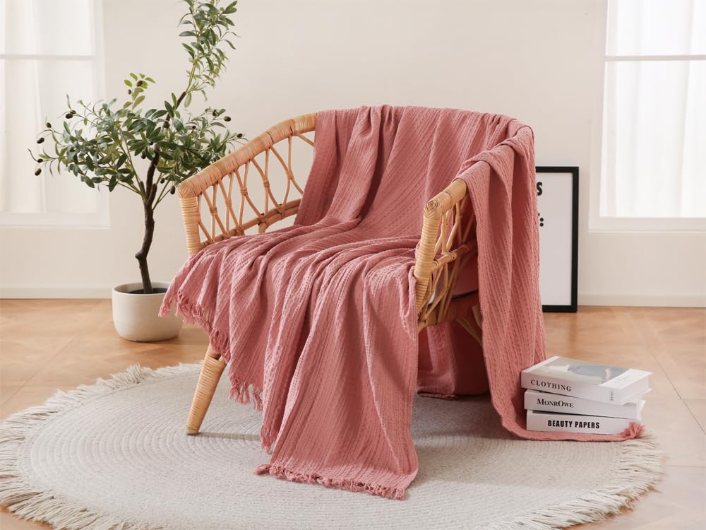 Coastline 100% Cotton Waffle Weave Blanket Throw with Fringe,Pre-Washed Soft Cozy,Lightweight Breathable Blanket Throw for Couch Bed Sofa(Blush,150x200cm