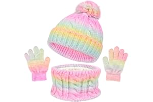 3pcs Hat Scarf and Gloves Set for Children Winter Warm Knit Pom Pom Hat Pink Winter Thermal Knitted Beanie Hat Scarf Gloves W