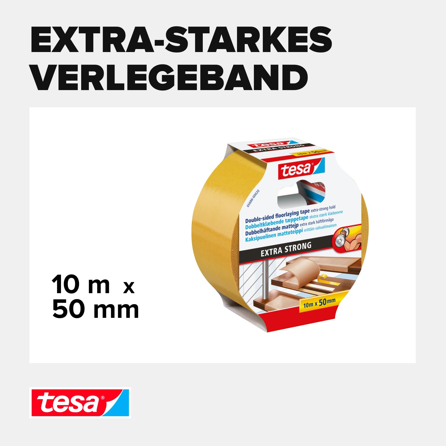 tesa Verlegeband extra stark klebend - Doppelseitiges Klebeband zum Verlegen von Teppich und PVC-Belag - doppelseitig klebend - 10 m x 50 mm 3