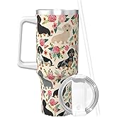 Dachshund Sausage Dogs Pink Flowers Print 40 oz Tumbler with Handle and Straw Lid | Insulated Cup Reusable Stainless Steel Water Bottle Travel Mug Cupholder Friendly | Gifts for Women Men Him Her