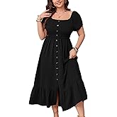 SCOMCHIC Womens Plus Size Summer Dresses Short Sleeve Square Neck Button Down Smocked Casual Ruffle Slit Maxi Boho Dress