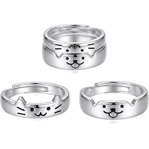 2Pcs ouple Ring for Women Men Silver Animal Friendship Matching Ring Cute Puppy Kitten Statement Ring Minimalist Party Valent