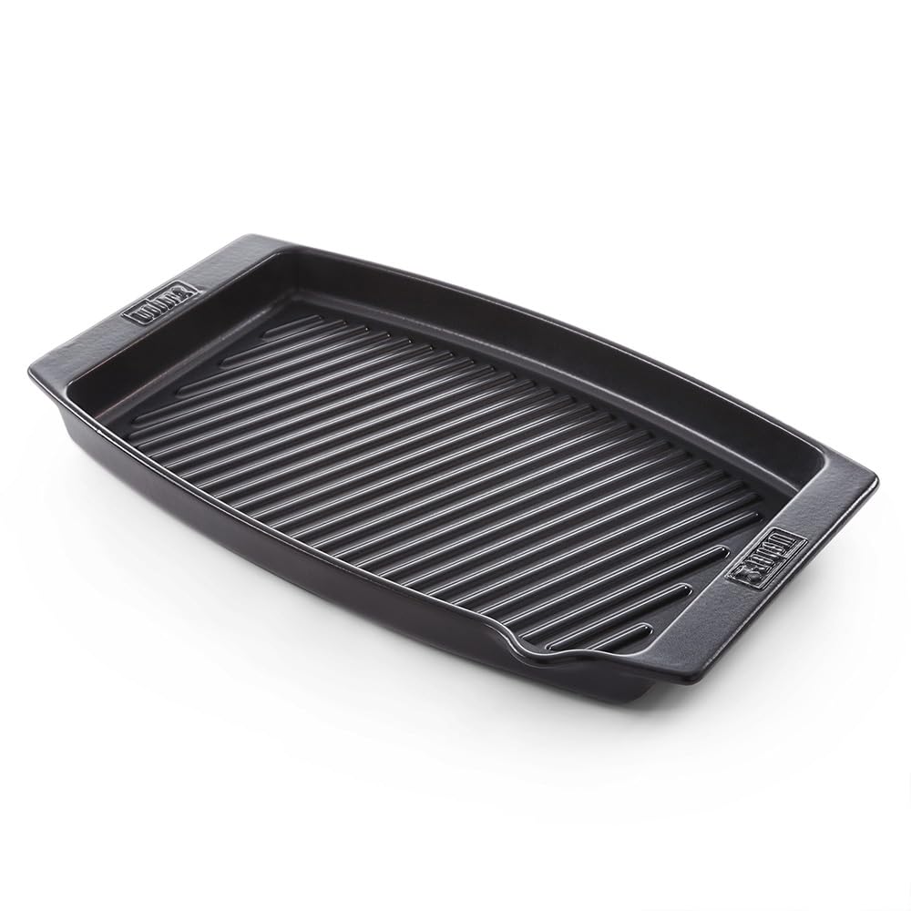 Weber Ceramic Grill Pan (47 x 28cm), Ideal for Fish, Ribbed Bottom, with Pouring Spout, BBQ Grill Pan with Non-Stick Surface, Extremely Heat Resistant, Dishwasher Safe - Black (17886)