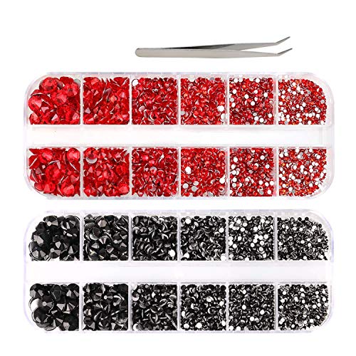 3000 PCS Rhinestones for Craft, Phogary Red & Black Flat Back Rhinestones 6 Sizes (2-5 mm) with Pick Up Tweezer for Crafts Nail Face Art Clothes Shoes Bags Phone Case DIY