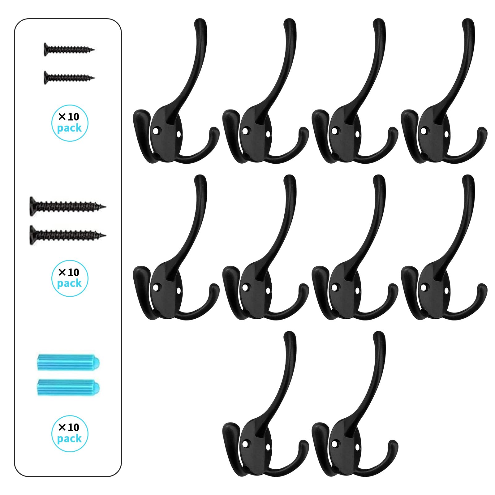 BIGLUFU Coat Hooks Heavy Duty,10Pcs Three Prongs Hooks Black Coat Hook Wall Mounted,with 40 Screws(Two Types of Screws Included),for Hanging Coat,Hat,Towel,Scarf,Bag,Key