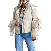 Tankaneo Womens Bow Puffer Jacket Winter Warm Cropped Quilted Jackets Baggy Short Down Coats