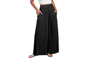 ANRABESS Women Palazzo Pants Summer Boho Bagyy Wide Leg High Smocked Waist Casual Loose Lounge Pant with Pocket