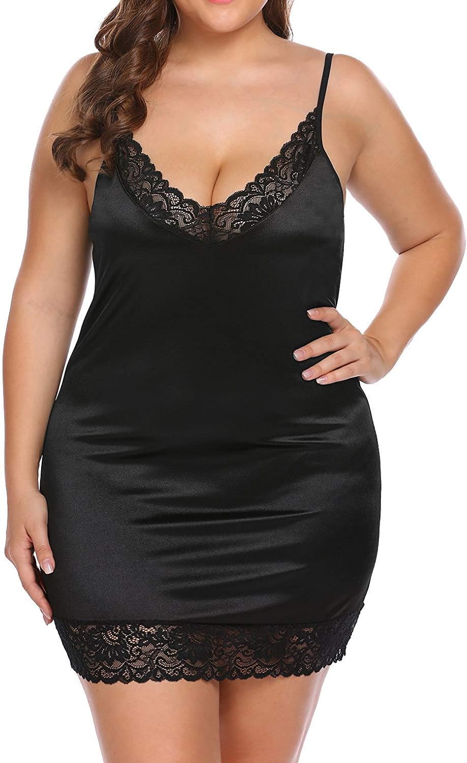 Women's Plus Size Full Slip Sexy Deep V -Neck Lace Chemise Nightie Adjustable Spaghetti Strap Strechy Lingerie Under Dress Intimate