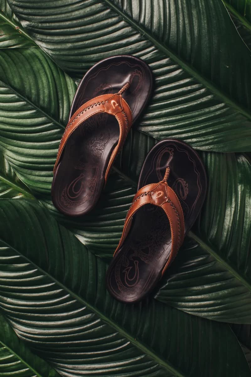 OLUKAI Mea Ola Men's Leather Beach Sandals, Soft & Durable Flip Flops, Arch Support & Comfort Fit, Enhanced Grip & Traction
