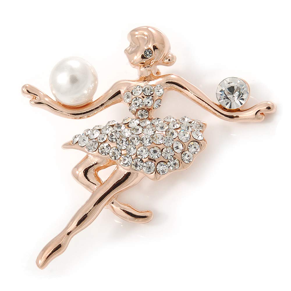 Gold Plated Clear Austrian Crystal, Glass Pearl Ballerina Brooch - 40mm L