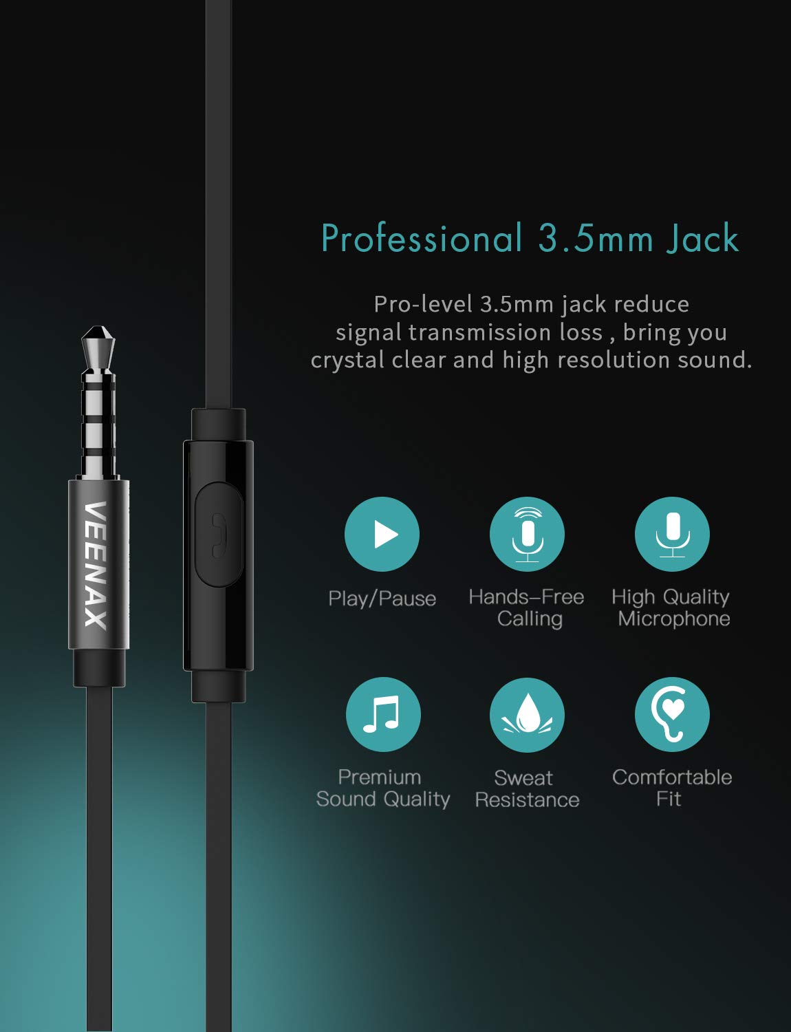 Auricolari in Ear Cuffie Stereo Universali Headset con Microfono VEENAX M6 per Sport Running Gaming Compatibile con Apple iPhone 7 8 6 Plus iPad iPod Samsung Sony Huawei Android Cellulare Nero