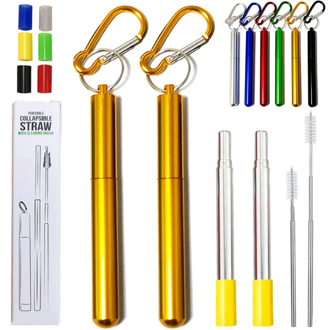 Hoshen 2 PCS Reusable Folding Metal Straws, Portable Telescopic Straws, Including Brushes and Silicone Heads (with Shell) - Yellow