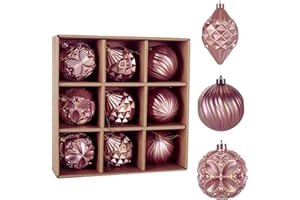 POLIKO 8cm 3.15" Christmas Ball Ornaments, 9 Pcs Shatter-Proof Set with Decor, 9ct Set 2023 Decoration for Xmas Tree Balls (Pink with Gold)