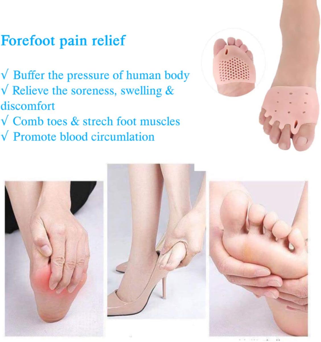 Five-Hole Metatarsal Pads, Ball of Forefoot Cushions, Breathable Toe Separators for Foot Pain Relief (2 Pairs) (Transparent): Health & Personal Care