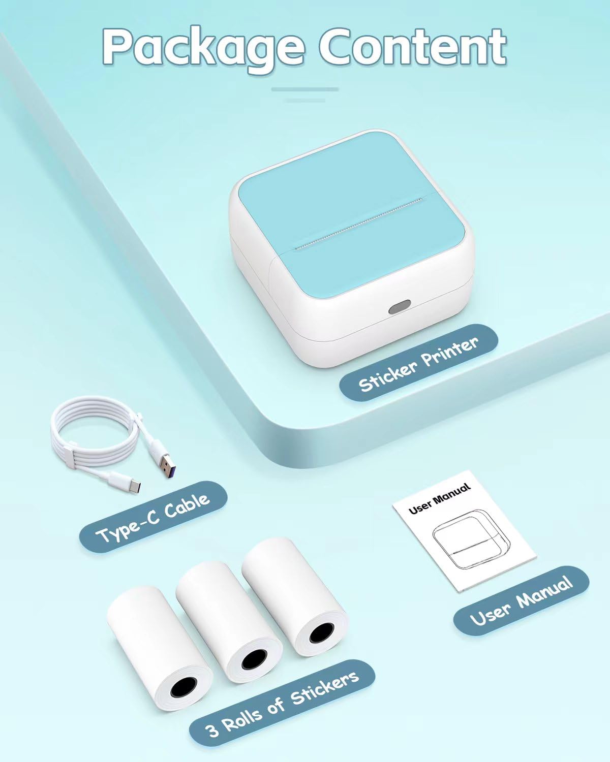 Sticker Printer - Printpods Mini Printer with Stickers, Print Pod, Bluetooth Inkless Printers, Sticker Maker, Portable Thermal Printer for iphone, Impresora Portátil for Notes, Journal, DIY, Kids Gift