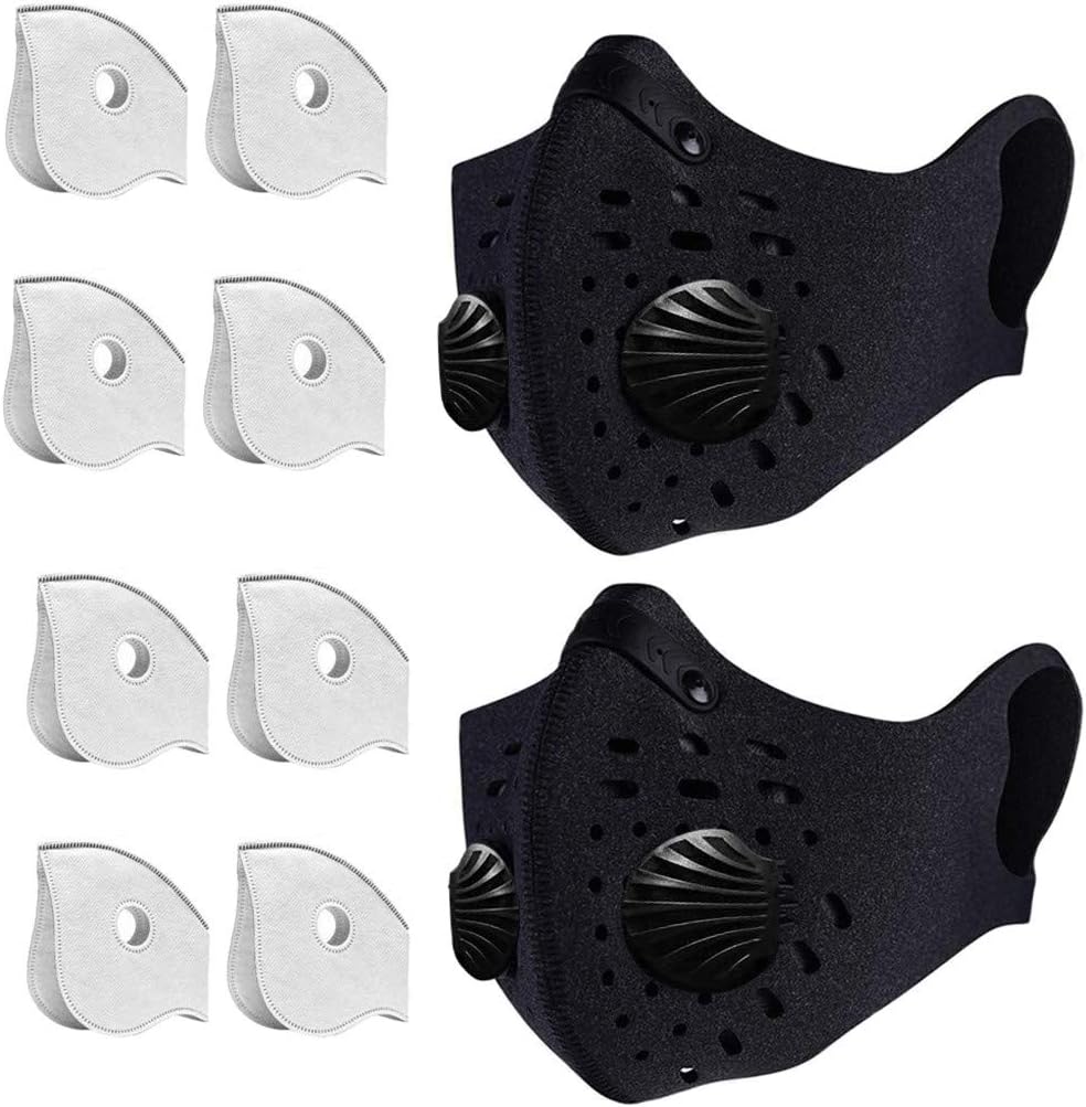 YUILENT 2pcs Cycling Mask Outdoor Anti-dust Mask PM2.5 Air Filter Mask Reusable Guard Mask for Cycling Motorcycle Bicycle with 8 replaceable filters (2PC, Black)
