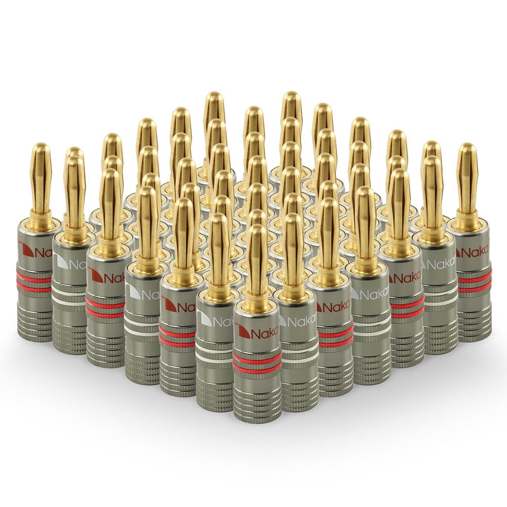 Nakamichi Ultimate Series 24k Gold Plated Beryllium Red Copper Banana Plug 12 AWG - 18 AWG Gauge Size 4mm for Speakers Amplifier Hi-Fi Stereo Receiver Audio Wire Cable Connector 48 Pcs (24-Pairs)