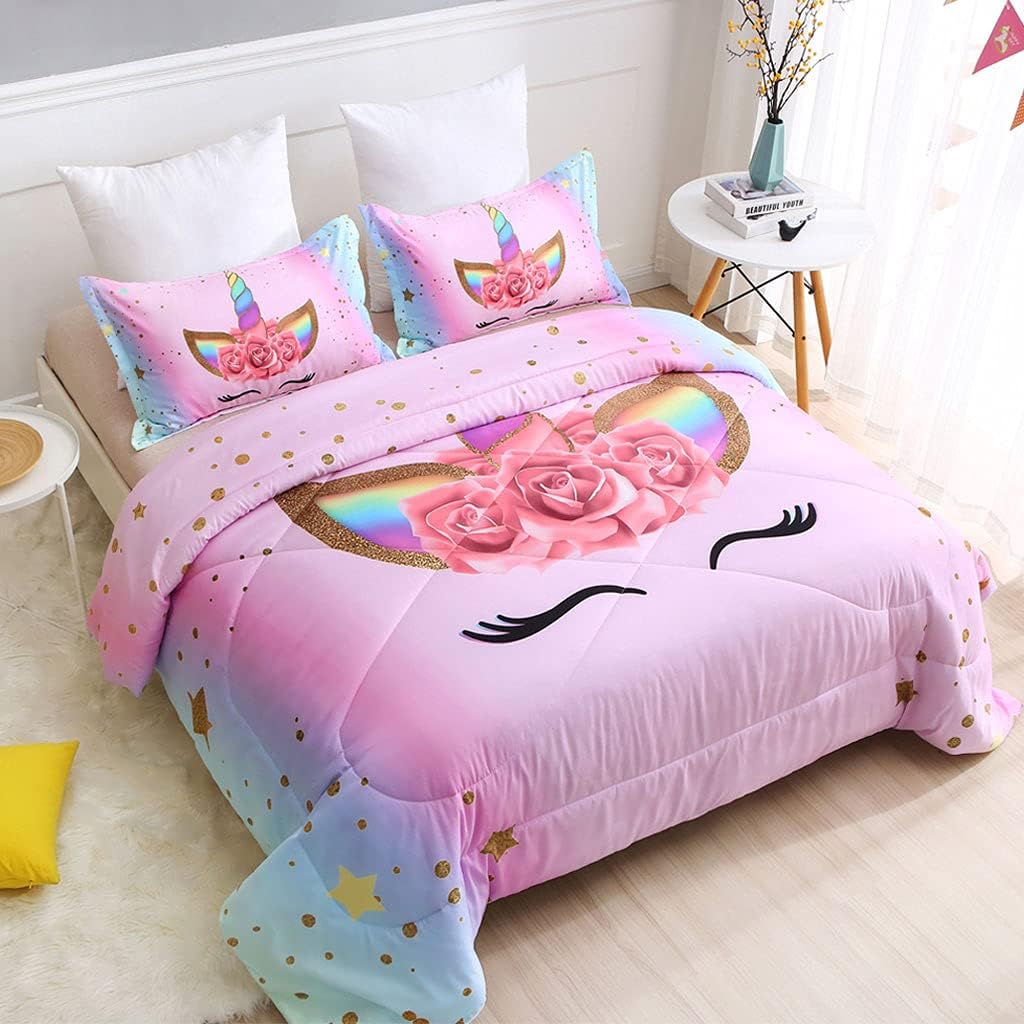 Amazon Com Sirdo Magical Unicorn Ultra Soft Girls Comforter Set Pink Queen Size Microfiber 3 Piece Bed Set For Teen Girls With Sparkle Stars Ombre Bedding Sets Machine Washable Kitchen Dining