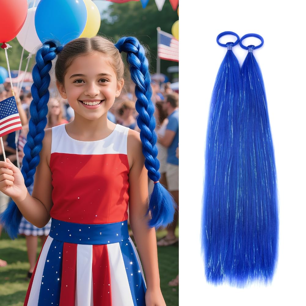 Photo 1 of Blue Hair Tinsel for Women, Ponytail Extensions With Rubber Band Girls Accessories Daily Party Festival Halloween Hair Pieces Ponytail Extension Braiding Rave Wacky Crazy Day Hair 2pcs/lot