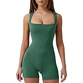 QINSEN Womens Strappy Square Neck Tank Top Tummy Control Bodycon Stretch Shorts Jumpsuit Outfits