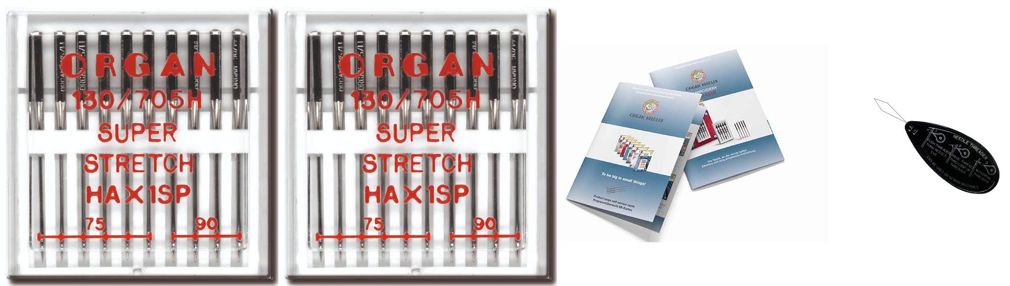 Organ Household Sewing Machine Needles - Super Stretch (HA x 1SP), 2 Packs of 10, Sizes 75/11 & 90/14 + Unique Large Needle Threader & Organ Needle Index Guide