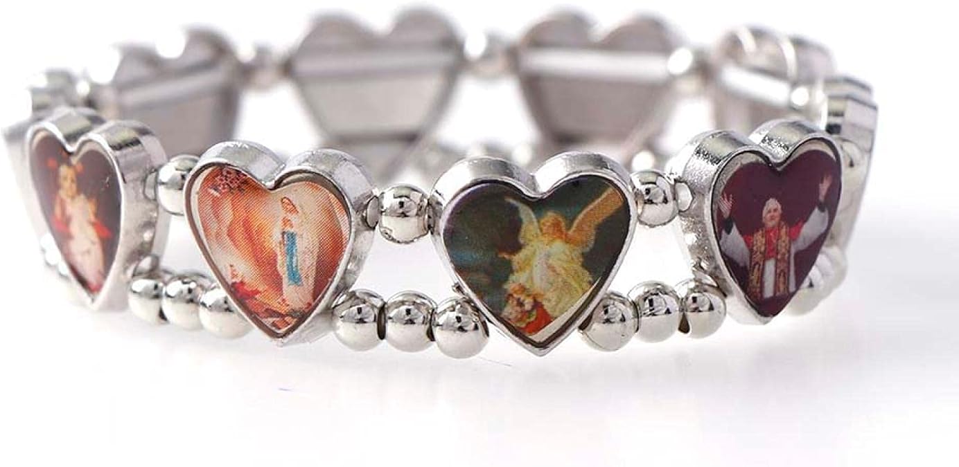 Elasticated Alloy Heart Catholic Saints Bracelet, Random Catholic