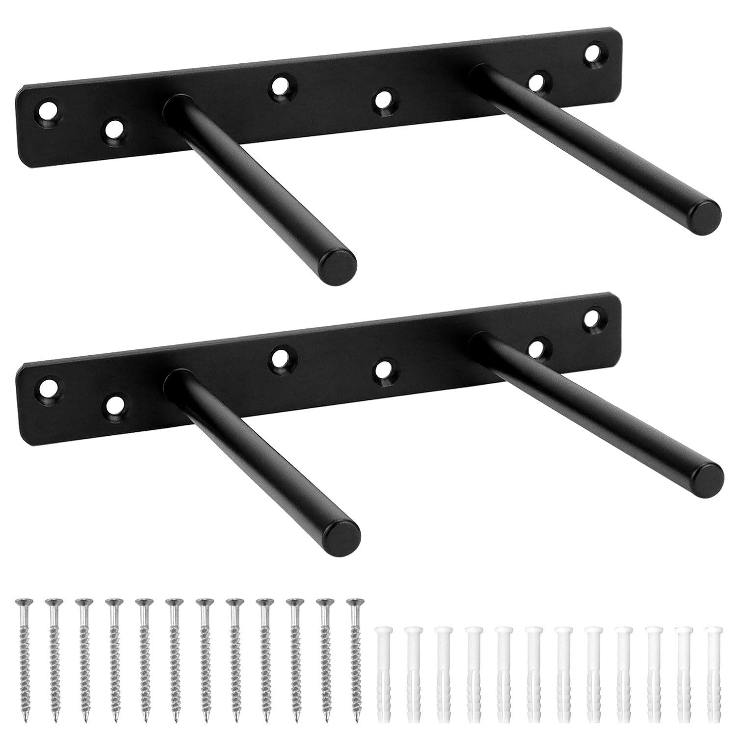 QWORK® 2 Pack Floating Shelf Bracket - 6 Inch 150 mm Double T Design- Heavy Duty Hidden Concealed Wall Shelf Brackets with Mounting Screws - Solid Steel Matt Black