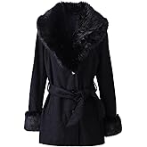 Pallivare Womens Fur Trench Coat Elegant Jacket Warm Long Fall Winter Overcoat With Fur Collar & Belt