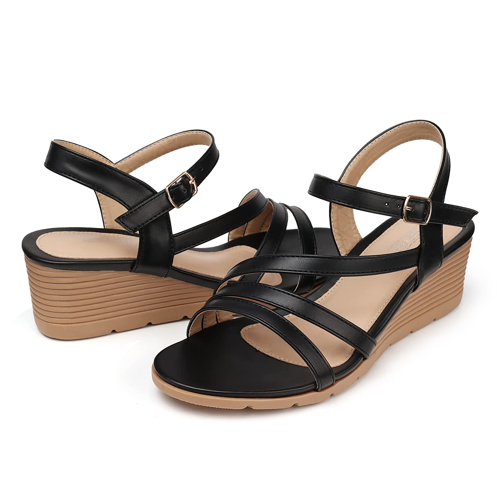 Photo 1 of SHIBEVER Wedge Sandals for Women Dressy: Black Summer Low Platform Size 7 Casual Sandals - Comfortable Wedges Open Toe Womens