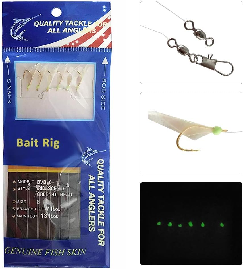 JSHANMEI Fishing Rigs Fishing Lures - 15 Packs Real Fish Skin Rigs Luminous Fishing Bait Rigs Freshwater Saltwater Glow in Dark with Swivel Hooks Size 4 6 8 : Sports & Outdoors