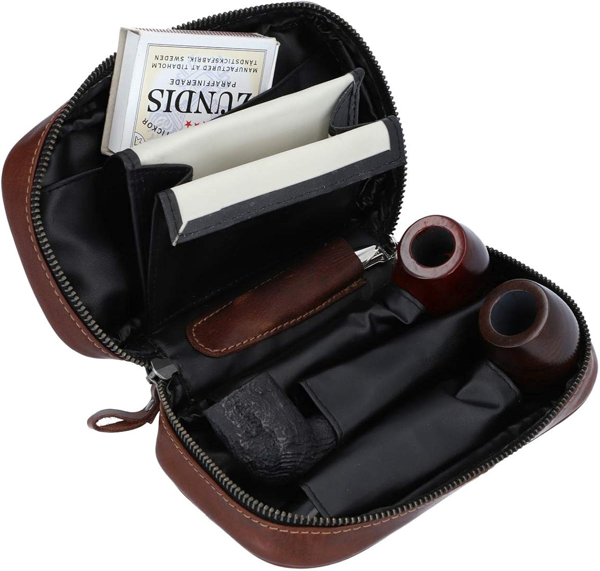 Gusti leather pipe bag - Diego pipe pouch for 3 Pipes extra tobacco compartment inner fabric from Natural Rubber pipe bag Brown leather - Image 4