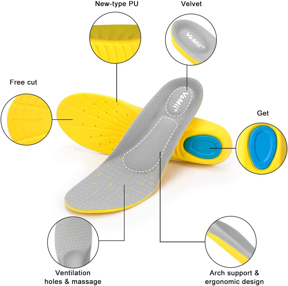 VoMii PU Memory Foam Insoles Plantar Fasciitis Arch Support Insoles for Women Men and Kids, Comfortable Breathable Sports Shoe Inserts, Shock Absorption and Relieve Foot Pain, M(Men 6-9/ Women 7-11): Health & Personal Care