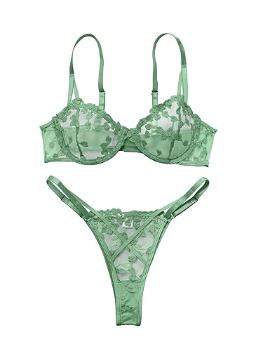 Lilosy Petite Sexy Cute Underwire Push Up Strappy Heart Embroidered Mesh  Sheer Lingerie Set for Women Bachelorette See Through Bra and Panty 2 Piece  Light Green X-Small in Kenya | Whizz Lingerie