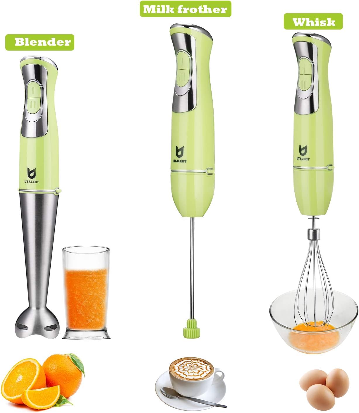 Immersion Hand Blender, Utalent 3-in-1 8-Speed Stick Blender with Milk Frother, Egg Whisk for Coffee Milk Foam, Puree Baby Food, Smoothies, Sauces and Soups - Green: Kitchen & Dining