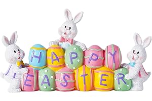 yumhum 3 Easter Bunny Holding Eggs and Happy Easter Decorations, Resin Easter Bunny Rabbits Figurine Tabletop Centerpiece for Spring Decor Easter Home Office Party Decor…
