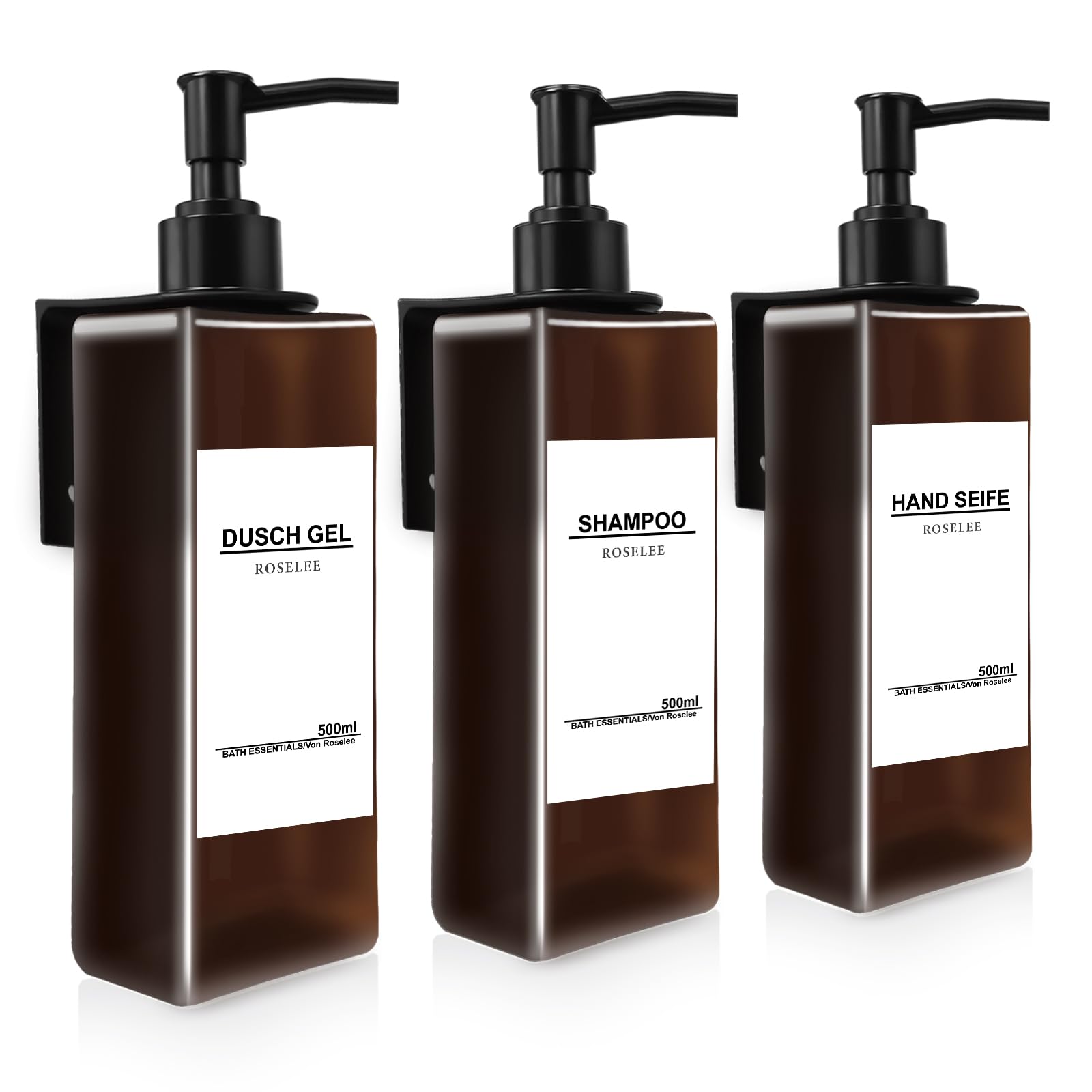 Roselee Brown Wall Mounting Soap Dispenser Set, No Drilling Required, 500 ml, Kitchen & Bathroom